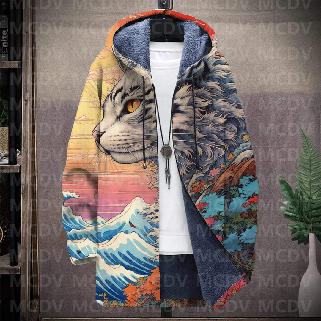 Men's Retro Print Plush Thick Long-Sleeved Coat Cardigan Cat 3D Prined Fleece Hooded Overcoat Unisex Thick Warm Jacket