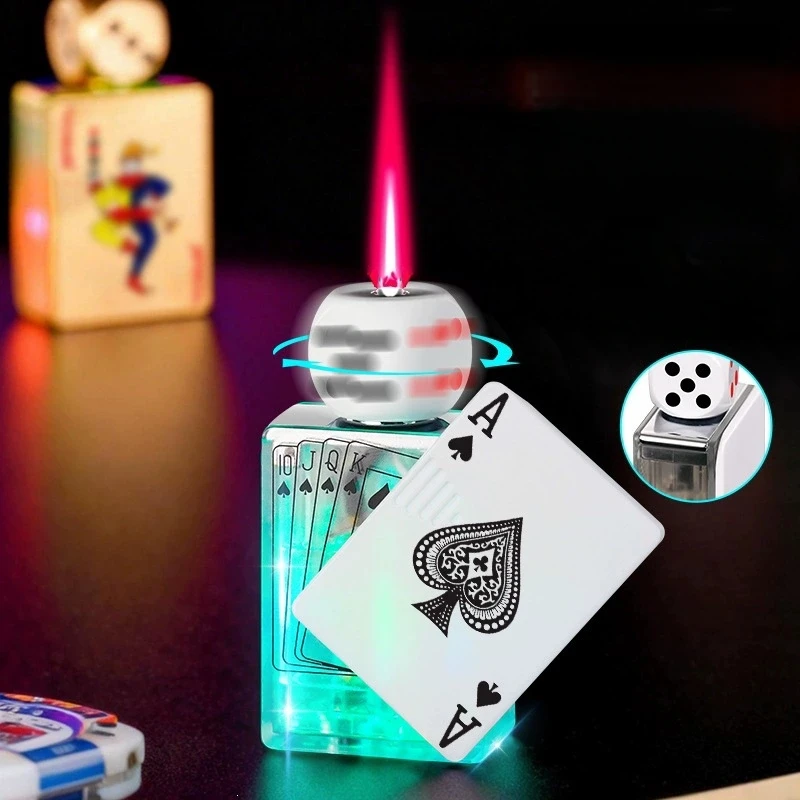 nuevo encendedor transparente con forma de linterna, giratorio, con diseño de dados y cartas de póker, estereoscópico, resistente al viento, con llama de chorro, portátil para exteriores, ideal para regalo Nuevo Encendedor Transparente con Forma de Linterna, Giratorio, con Diseño de Dados y Cartas de Póker, Estereoscópico, Resistente al Viento, con Llama de Chorro, Portátil para Exteriores, Ideal para Regalo 2