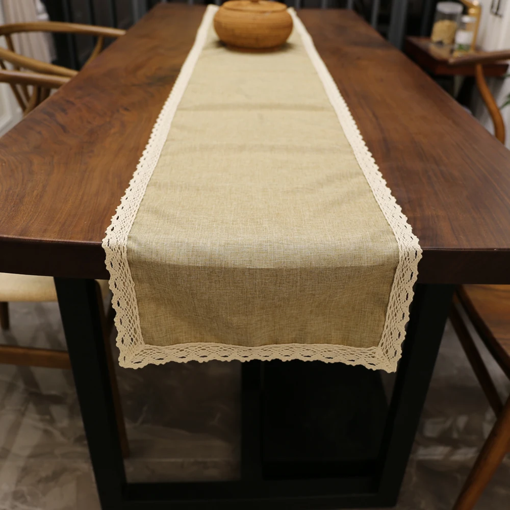 

Wedding Table Runner Vintage Table Decoration Household Gray Khaki Color Natural Jute Linen Table Runner with Cotton Lace Border