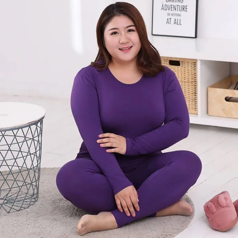 Plus Size Thermal Set Women Long Johns Set Solid Warm Thermal Underwear Thermo Long Sleeve Pants Pajamas Winter Home Clothes