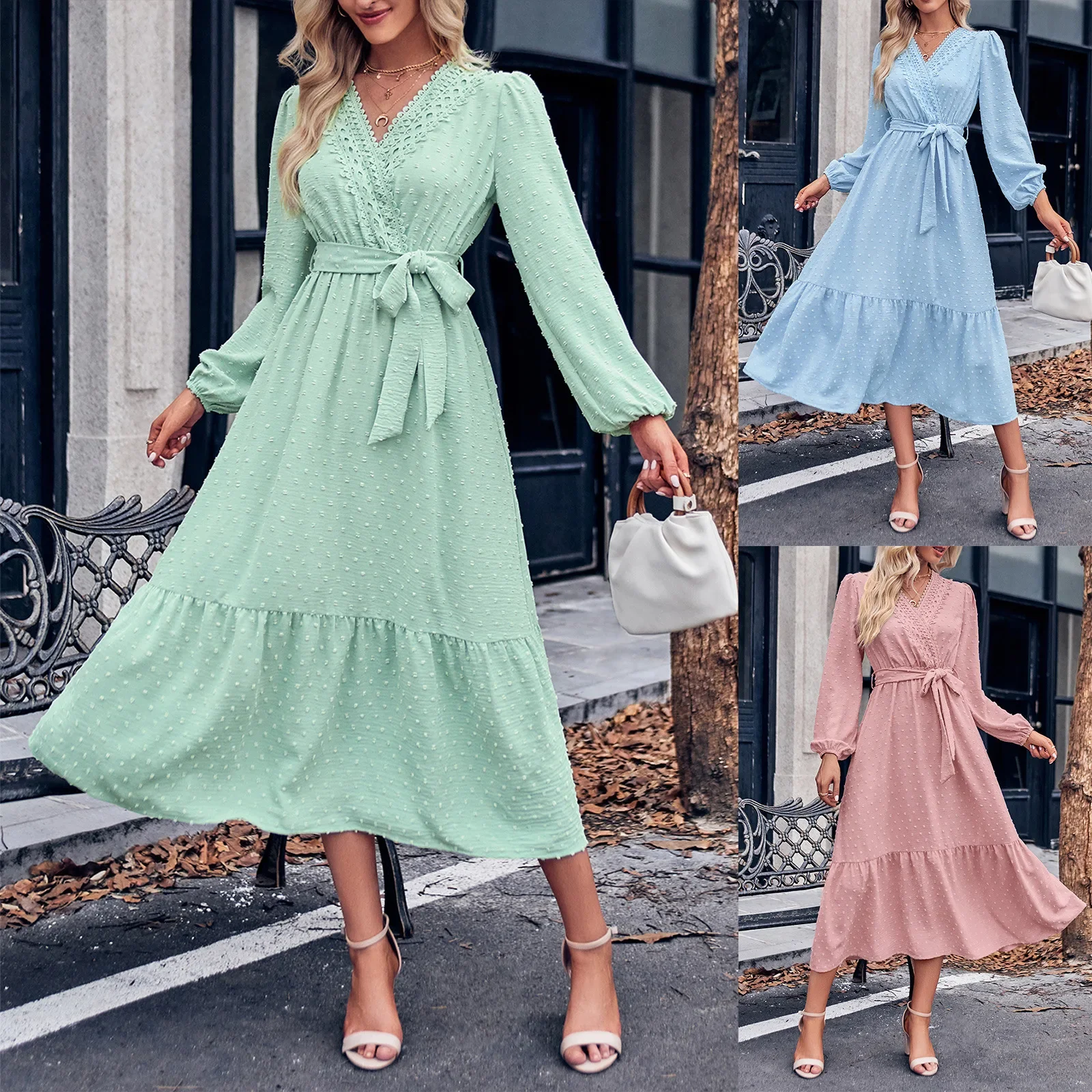 

Dropshipping Spring A Dress Women Wrap V Neck Ruffle Sleeve Smock Boho Beach Robe O-ring Drawstring Belt Cloth Factory Seller