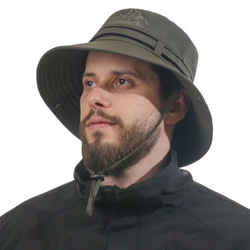 

Men Bucket Hat Wide Brim Breathable Sun Hat Outdoor Waterproof Hiking Fisherman Cap Letter Embroidery UV Protection Basin Cap