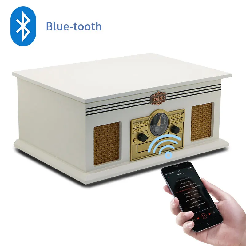 

leetac Bluetooth FM CD Cassette USB Playback lp player phonograph Vinyl Record wooden turntable Player with External Speakers