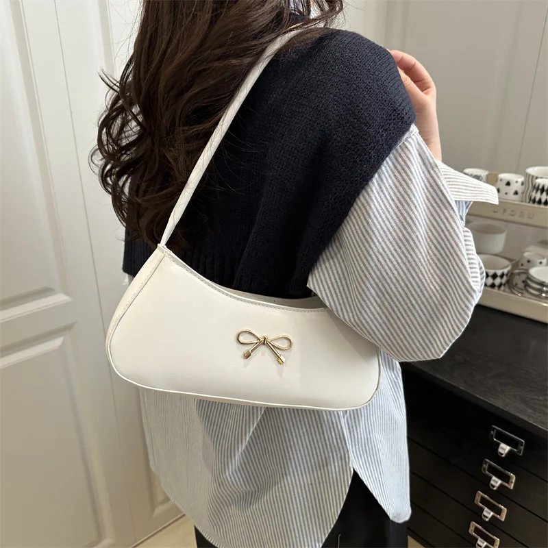 Women PU Bow Underarm Bag Stylish Armpit Bag Large Capacity Top Handle Bag Zip Closure Elegant Shoulder Purse Party Vacation Bag