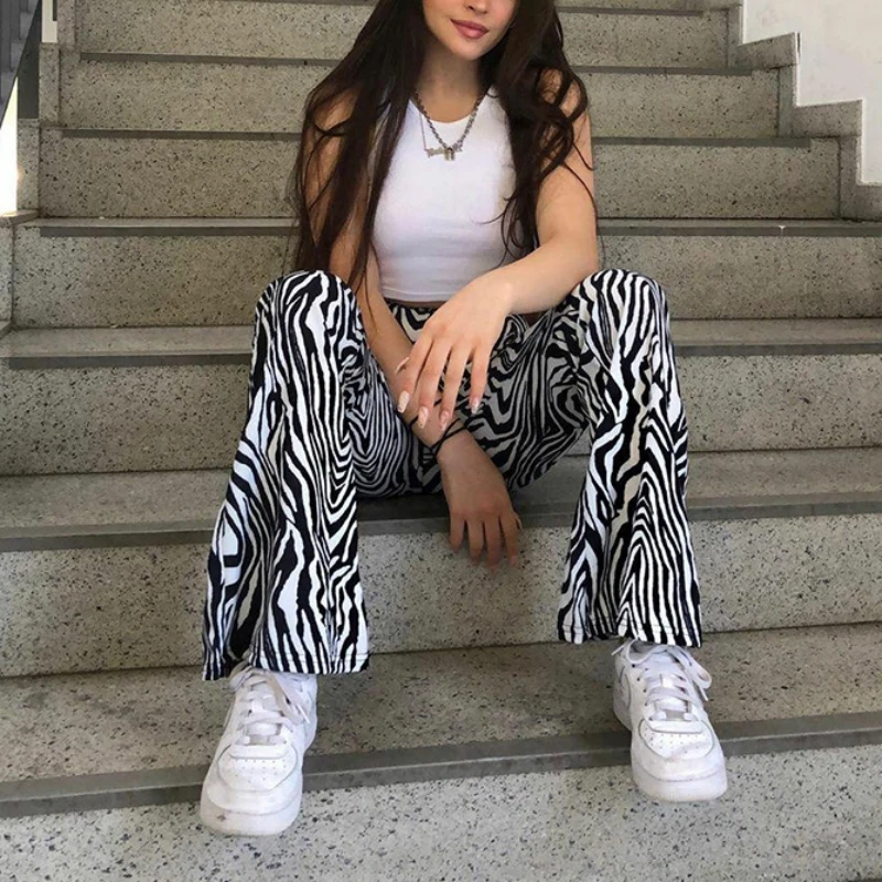 Women Zebra Print Wide Leg Pants Casual Streetwear
