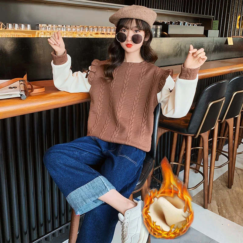 

New Children's Sweatshirts Autumn Winter Kids Plus Velvet Thick Clothes Casual Sport Tops Teen Clothes Girls Pullover Sweatshirt