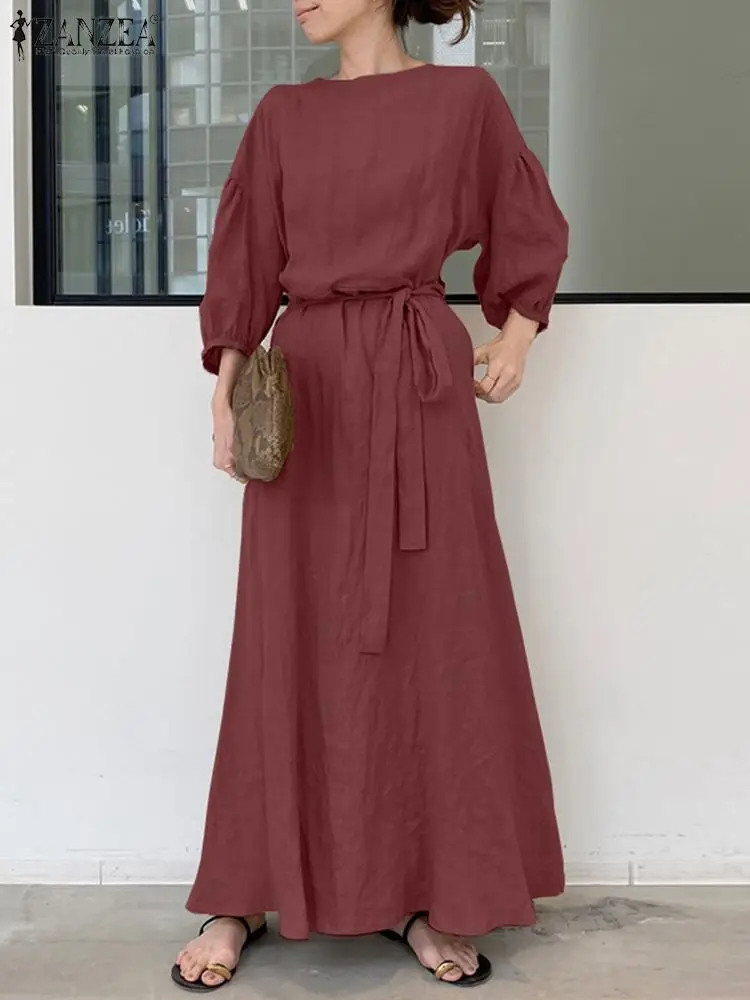 

ZANZEA Vintage Lace Up Dress Autumn Long Sleeve O-Neck Sundress Woman Casual Party Vestidos Female Elegant Maxi Robe Oversized