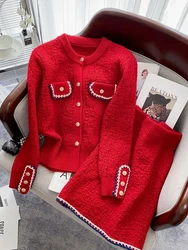 Women Autumn Winter New Red Knitted 2 Piece Sets Office Lady Long Sleeve Knitted Cardigan Sweater High Waist Skirt Suit Women's