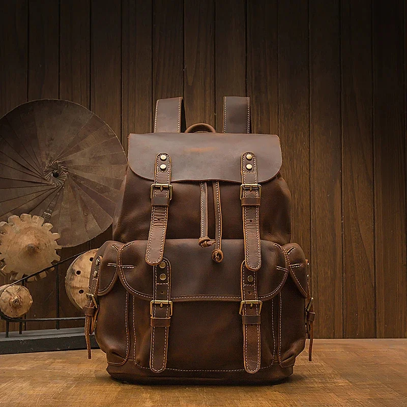 

Vintage Handmade Genuine Leather Backpack Men Fashion Crazy Horse Knapsack Retro Cowhide Shoulder Bag Casual Rucksack