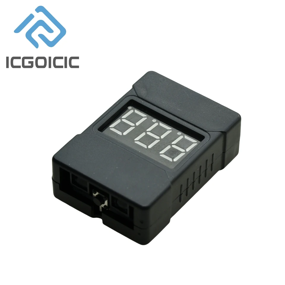 Vue latérale du Testeur de Batterie LiPo 1-8S avec Alarme Basse Tension, montrant les ports de connexion et le bouton d'alarme.