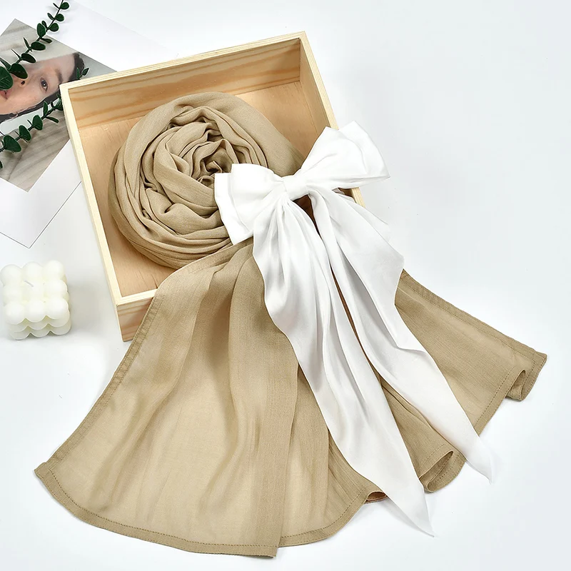Modal Hijab With Bow Rayon Cotton Shawls Muslim Hijabs For Women Plain Scarf Big Size Headscarf Islamic Turban Headband 190*85cm Muslim headwear,head scarf,hijab headscarf,hijab hats