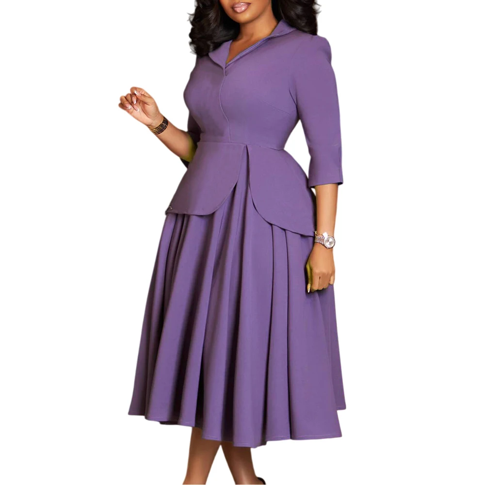 Trendige Frühlingskleider Damen Casual 3/4 Ärmel Anzugkragen V-Ausschnitt A-Linie Bürodamen-Kleid Elegantes Afrikanisches Kleid für Frauen – Detail 4