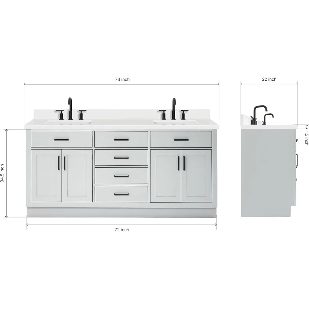 Double Bathroom Vanity 73" Grey, 1.5" Edge Pure White Quartz Countertop & Splash, Sinks, 4 Soft Closing Doors, 6 Full Extension 2
