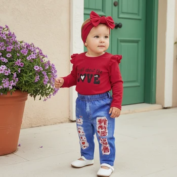 Baby Girls 3Pcs Romper Outfit Long Sleeve Round Neck Letter Embroidery Bodysuit Headband Elastic Waist Pants Set 1