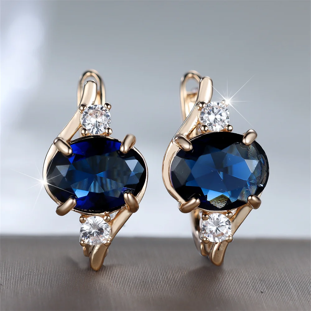 Blue Crystal Geometric Zircon Oval Stone Hoop Earrings For Women Vintage Gold Color Ear Buckle Wedding Jewelry Engagement Gifts