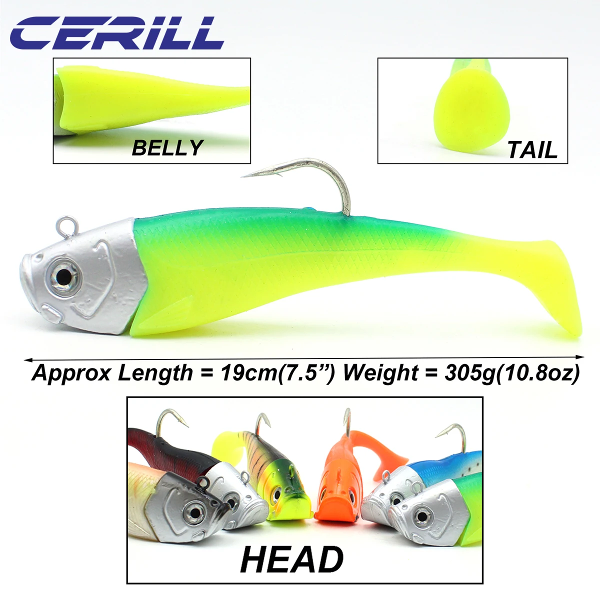 Cerill 3 PCS 305g 19cm 금속 지그 헤드 소프트 낚시 미끼와 가시 훅 3D 눈 슈퍼 웨이트 쇼어 락 송어 미끼 태클 