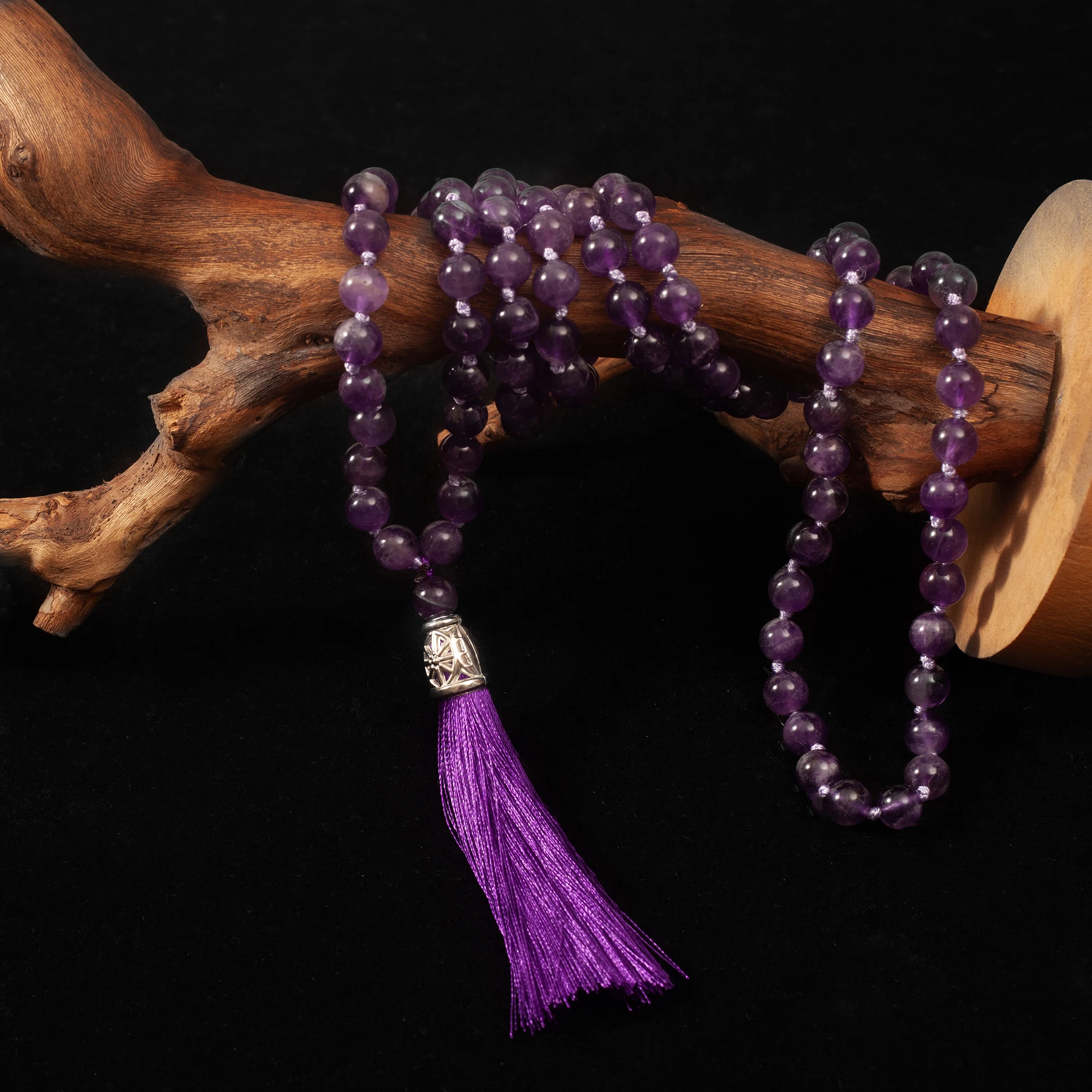 8 mm natürliche Amethyst-Perlen, geknotet, 108 Japa-Mala-Rosenkranz, Halskette, Meditation, Gebet, Yoga-Schmuck für Männer und Frauen