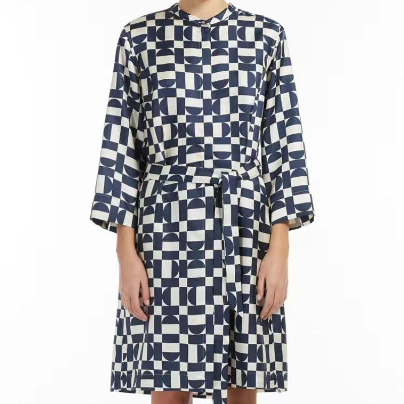 

2023 Ladies New Geometric Printing Twill Silk Round Neck Tie Dress