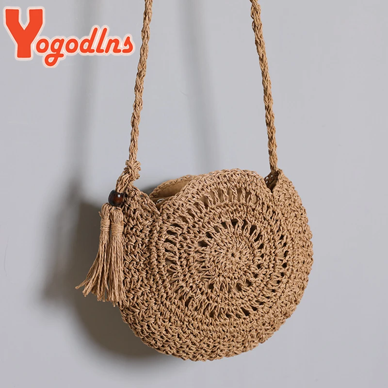 Yogodlns Round Soft Paper Rope Shoulder Bag Tassel Summer Beach Handmade Crossbody Bags Women Hollow Straw Bag Circle Rattan Bag