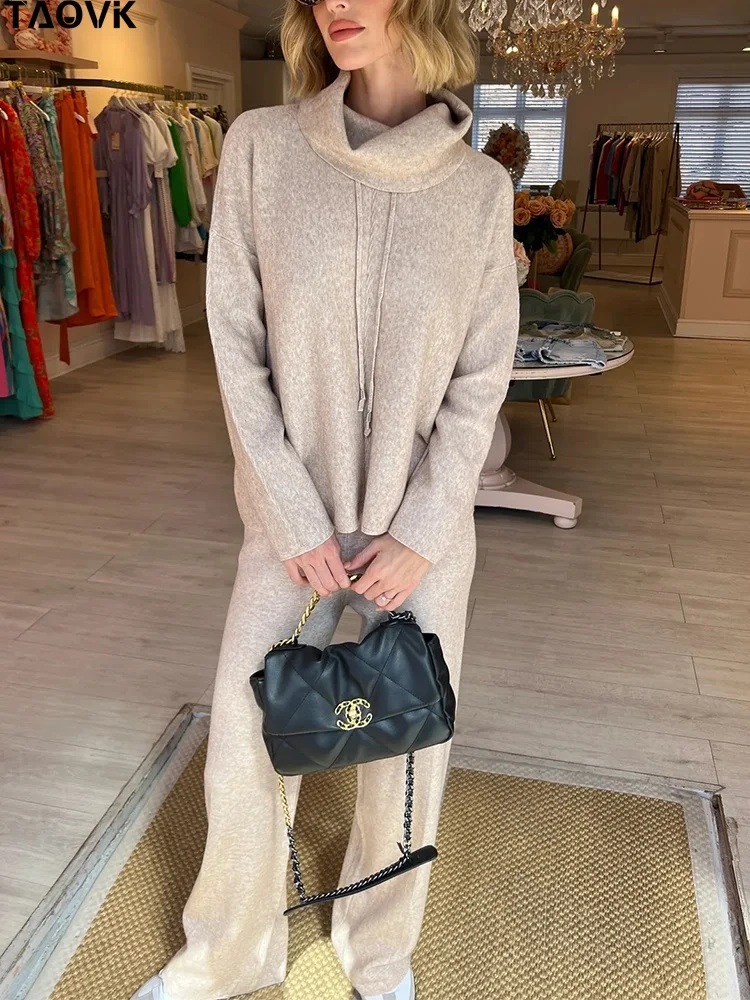 

TAOVK Women Sweaters Pants Two Pieces Sets Autumn Winter Turtle Neck Drop Shoulder Pullovers+Drawstring Wide Leg Trousers Suits