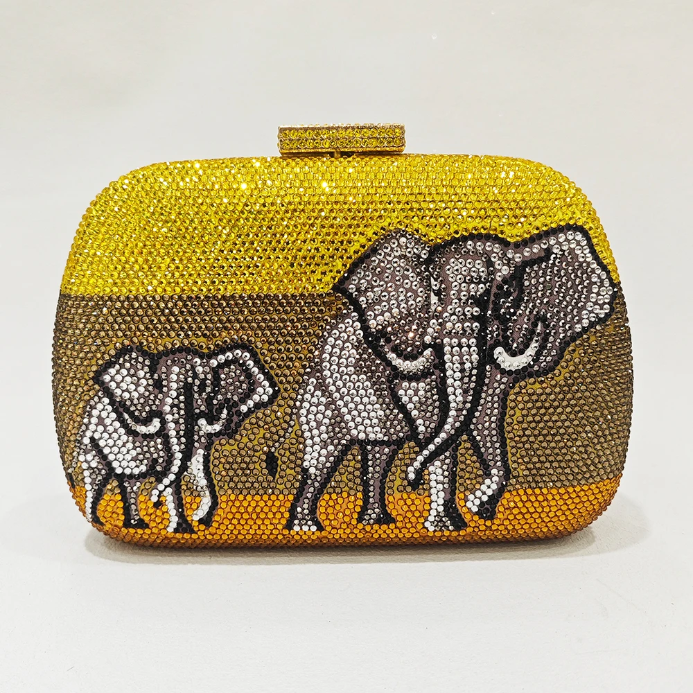 

Elephant Pattern Gold Women Evening Bag Crystal Clutches Lady Diamond Shoulder Handbags Wedding Prom Purses Bridal Clutch Bags