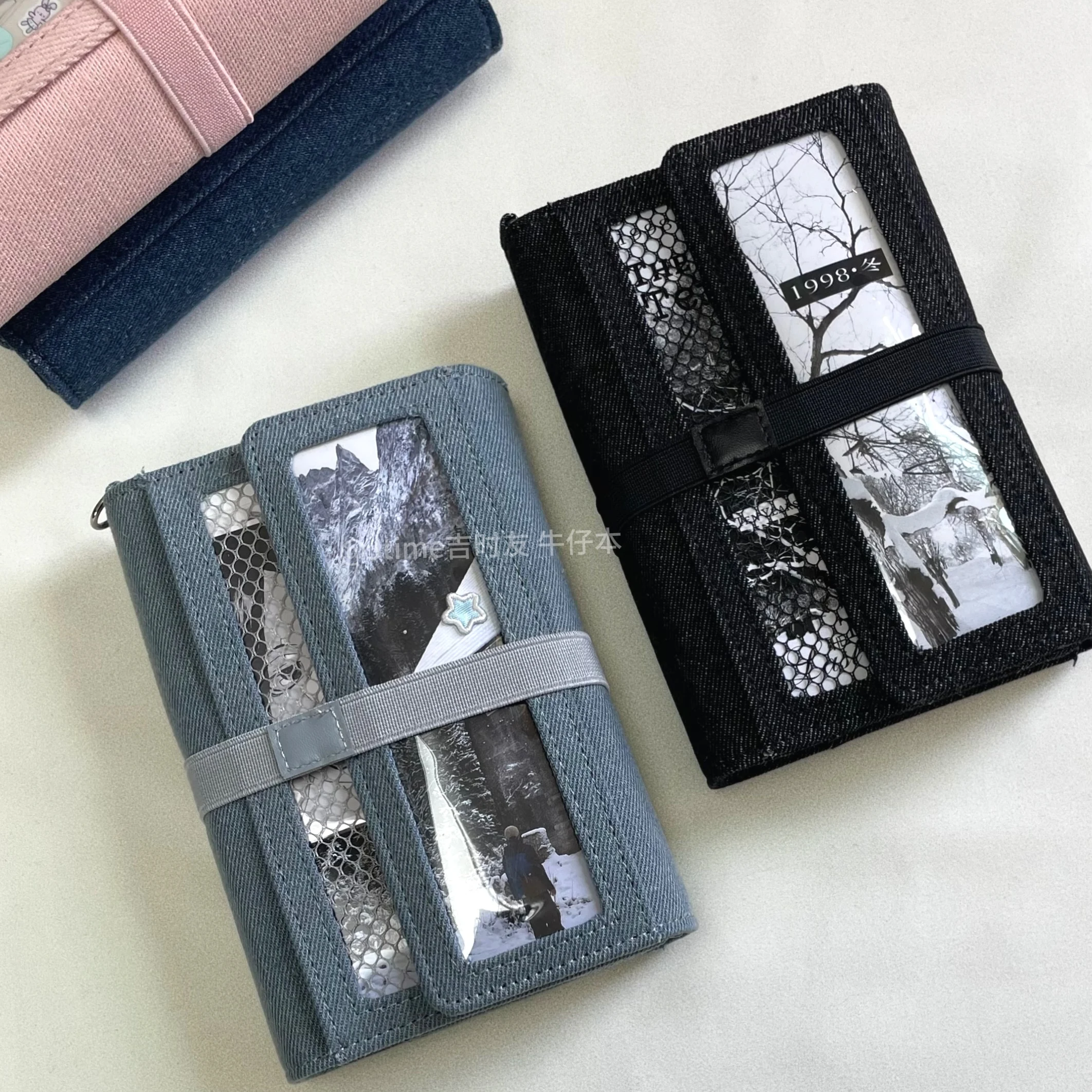 빈티지 데님 라이프 4-사진 카드 홀더 책, 조절 가능한 스트랩, 청바지 노트 A7 루스 리프 저널 소녀 학생 일기 다이어리