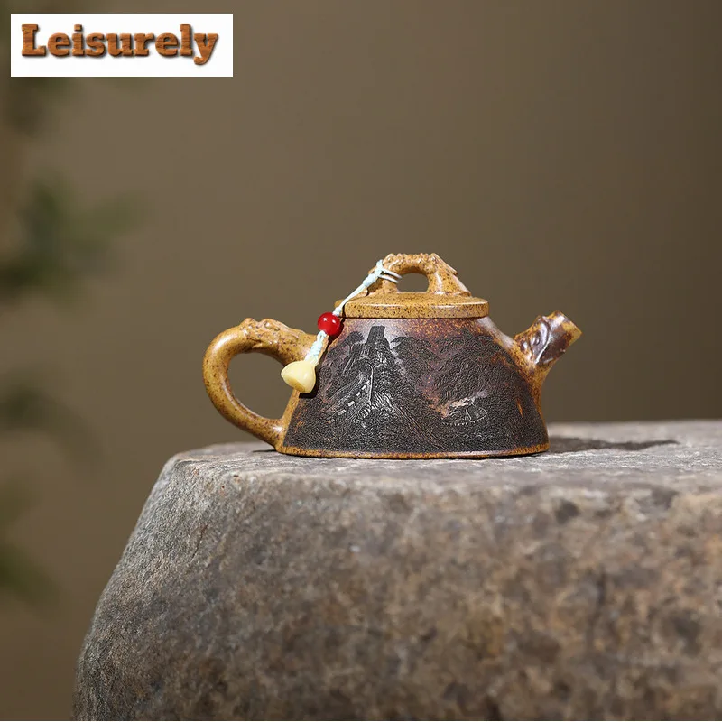 180ml Yixing Purple Clay Teapots Handmade Dragon Stone Scoop Pot Raw Ore The Keel Gold Sand Kettle With Strainer Zisha Tea Set