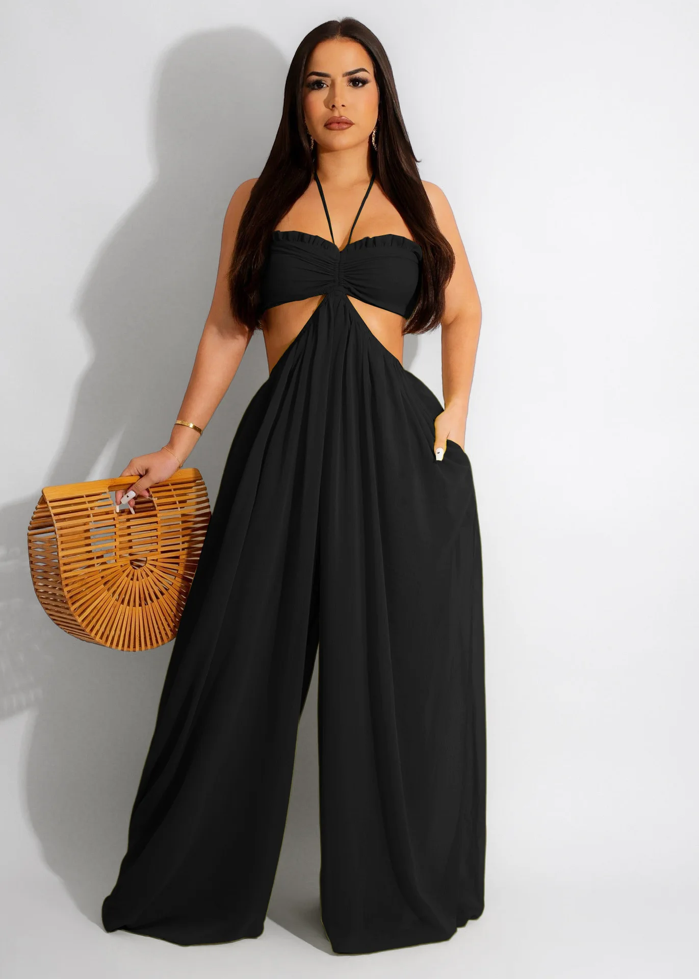 Summer Fashion Sexy Chiffon Wrapped Chest Bare Back Broadfoot Jumpsuit Women's Solid Color Casual Elegant Suspender Jumpsuit