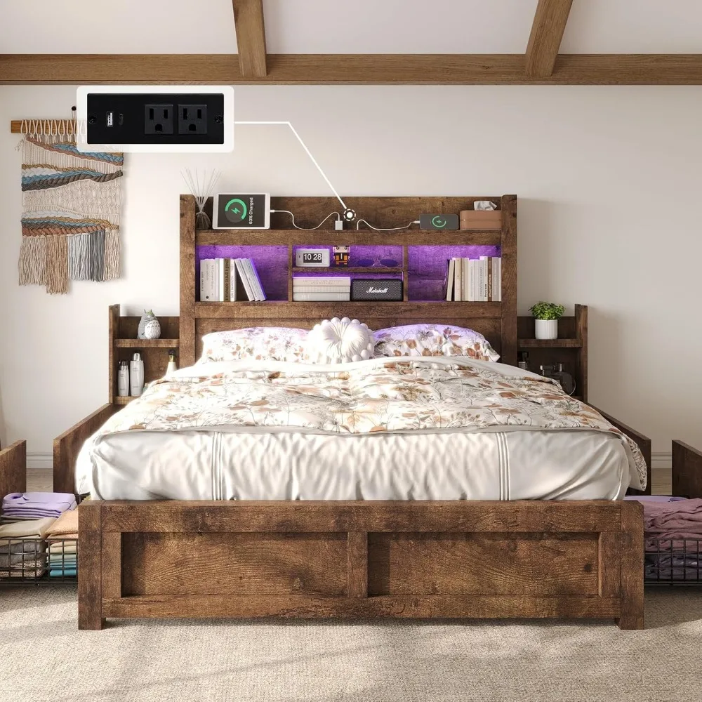 Queen-Bed-Frame-with-49-6-Bookcase-Headboard-2-Detachable-Bedside ...