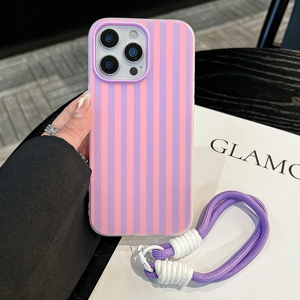 Pink Striped Jelly Phone Case with Lanyard - Soft Cover