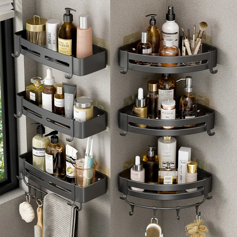 

Bathroom Corner Shelves No Drilling Shower Shampoo Storage Racks Wall Mounted Space Aluminum Rustproof Shelf with Hooks