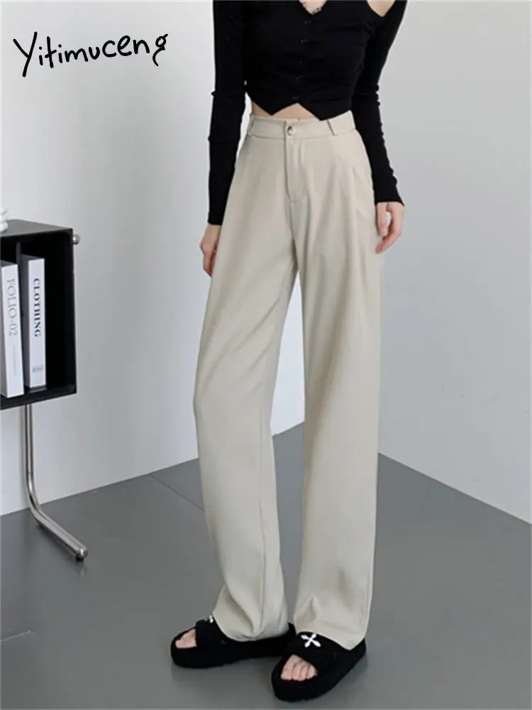 Yitimuceng Suits Pants Women 2023 New High Waisted Solid Wide Leg Pants  Korean Fashion Office Ladies Casual Straight Trousers - AliExpress