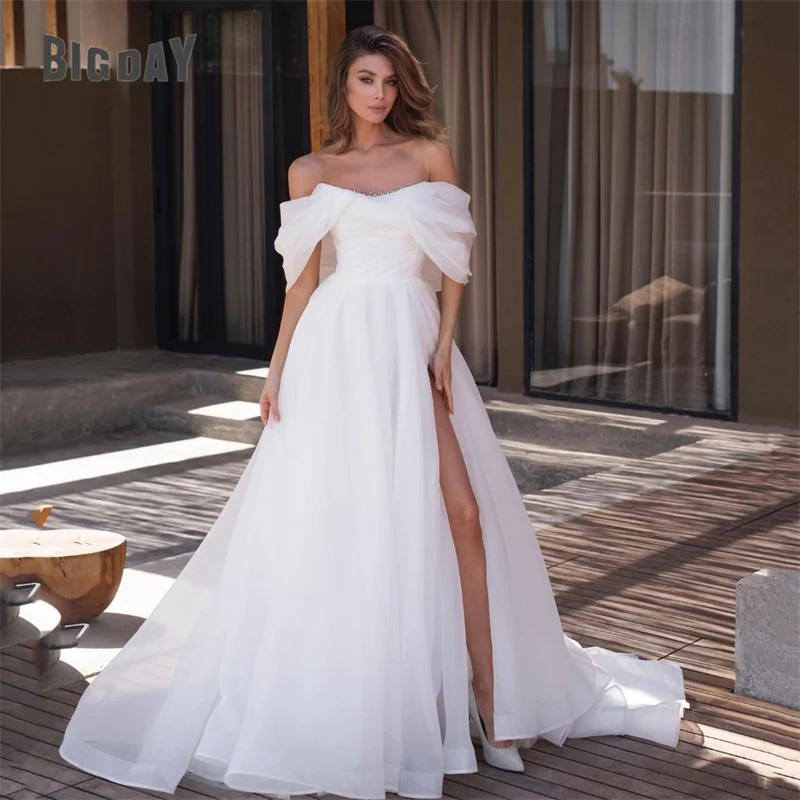 

Elegant A-Line Wedding Dress Women Off The Shoulder Short Sleeve Strapless Split Pleat Bridal Gown Sweep Train Vestidos De Noiva