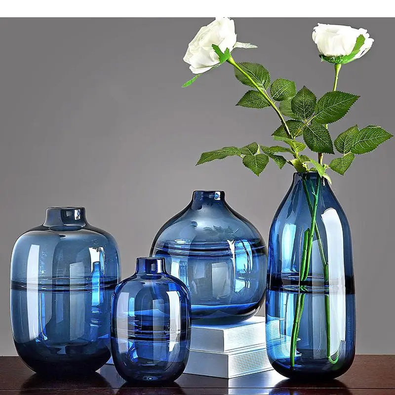 

Creative Blue Hydroponic Dried Flower Arrangement Vase Ornament Living Room Bedroom Modern Dining Table Flower Glass Vase Crafts