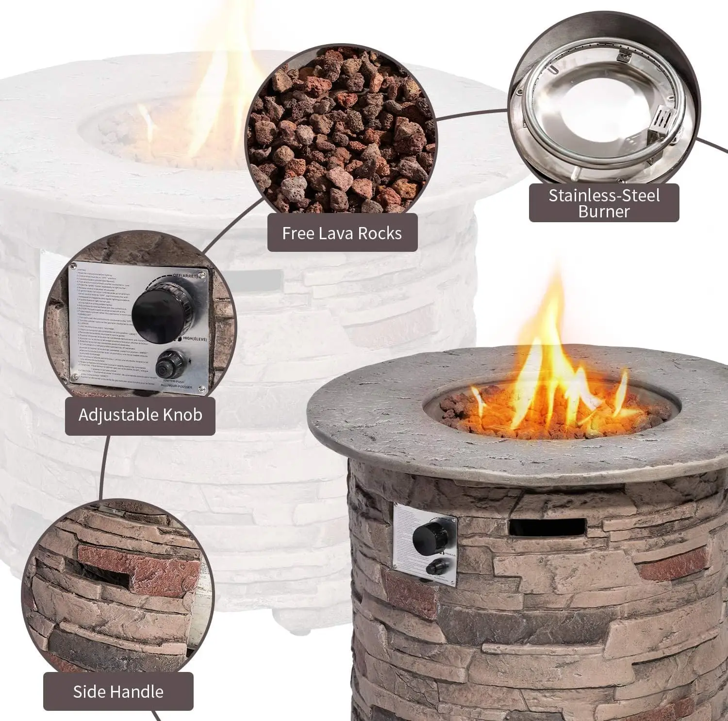 Outdoor Fire Pit Propane Round Pit Table Column Stonecrest 40,000 BTU Gas for Outside with Lava Rocks