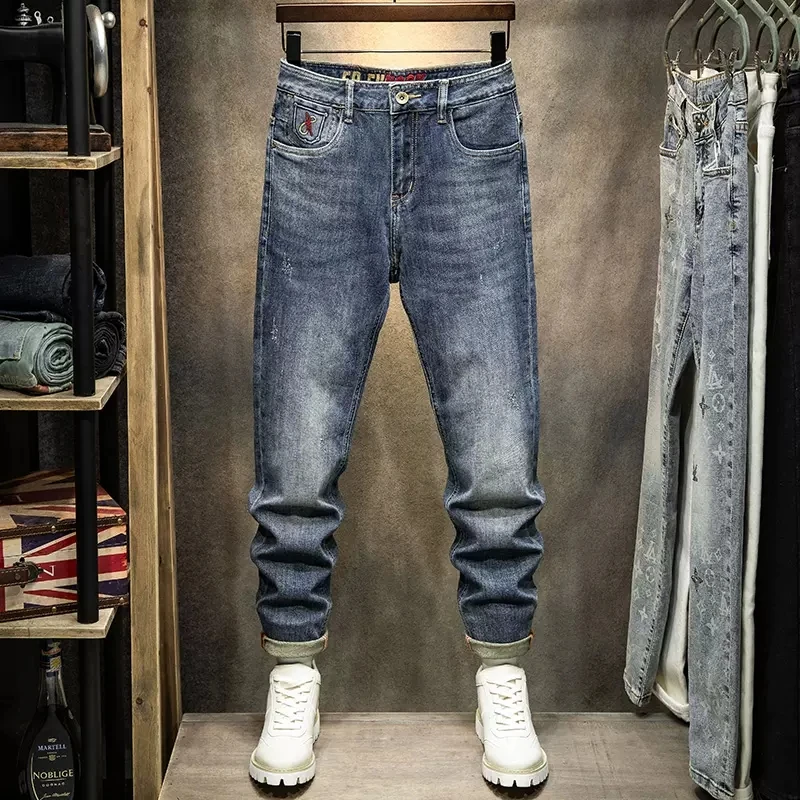 Newly Designer Fashion Men Jeans High Quality Retro Blue Elastic Slim Fit Ripped Jeans Men Embroidery Vintage Denim Pants Hombre