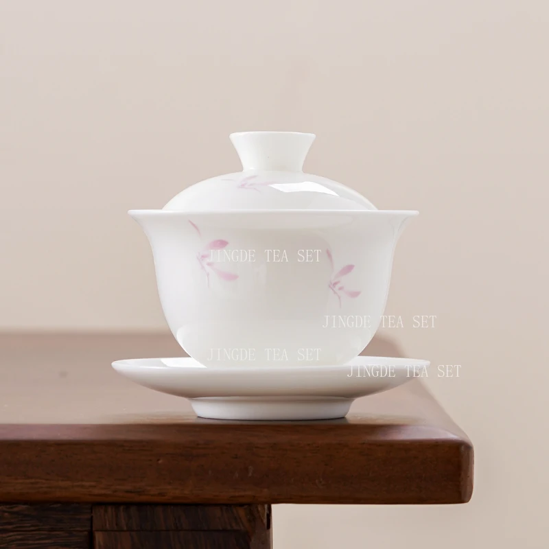 Ceramic Sheep Fat Jade Covered Bowl Dehua White Porcelain with Lid Tea Bowl Large Kung Fu Household Tea Set Gaiwan