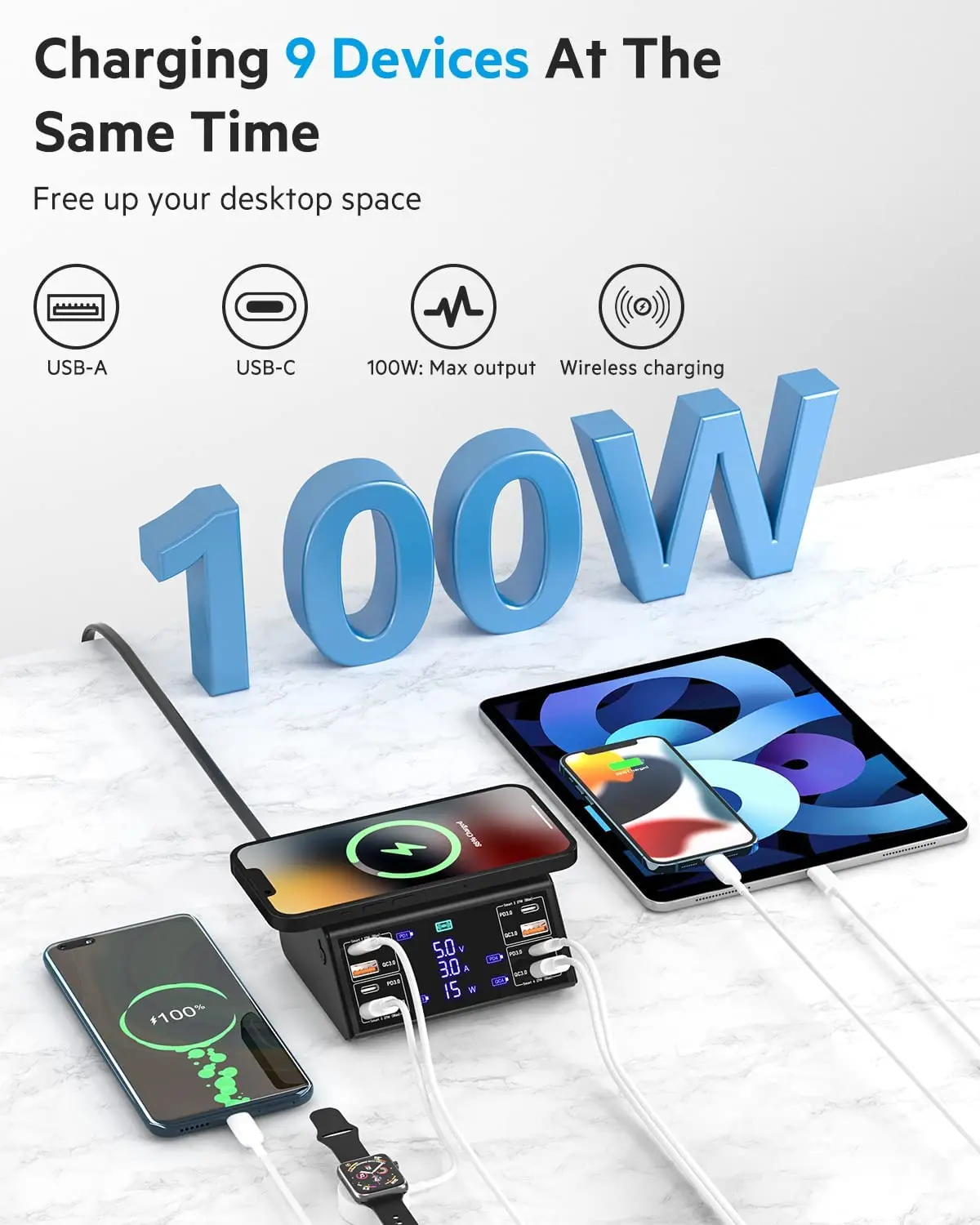 iLEPO 100W 8 Ports USB Fast Charger Wireless Charger Charging Station PD QC 3.0 Charger For iPhone 15 14 13 12 Samsung