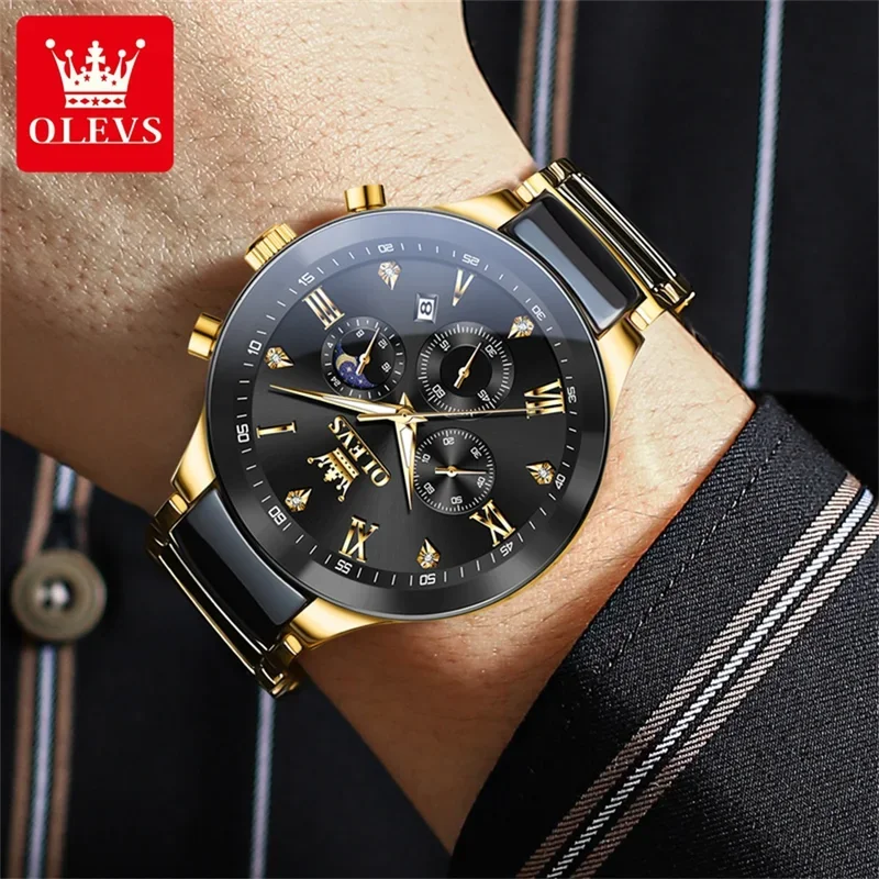 OLEVS Original Quartz Watch for men Luxury Ceramic Strap Men's Watches Moon Phase Waterproof Luminous Wristwatch Reloj de Hombre