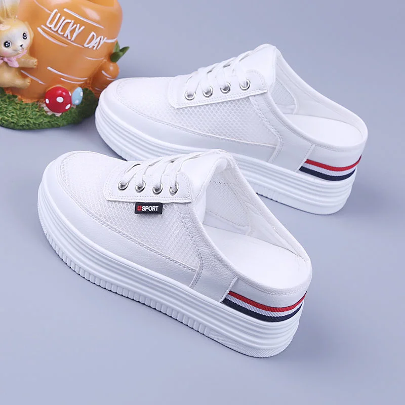 2023 New Half Slippers Women Mesh Mules Summer Inner Heightening Outdoor Breathable Casual Shoes White Platform Slip On Sneakers