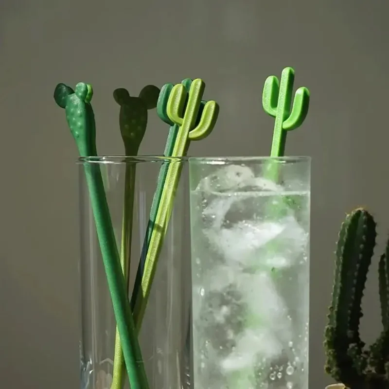 6PCS Cactus Stirring Stick Milk Tea Juice Ccoffee Long Handle Stirring Spoon Plastic Creative Fun Cocktail Swizzle Stick