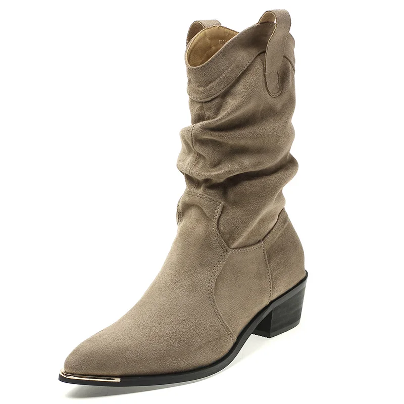 

Nubuck Women Western Boots New 2023 JINTRENDY Autumn Winter Gray Brown Splicing Slip-On Boots Lady Pointy Toe Pleated Boots