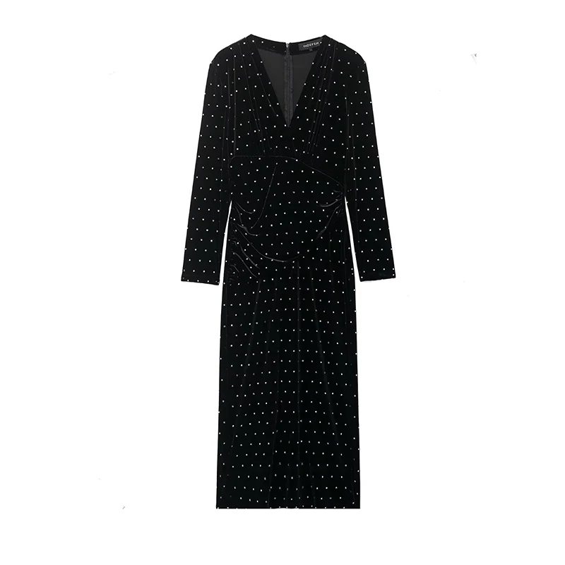 Chic Bright Bead Elegant Long Dresses For Women 2025 Fashion Velvet V neck Midi Dress Lady Long Sleeve Evening Party Dresses ﻿
