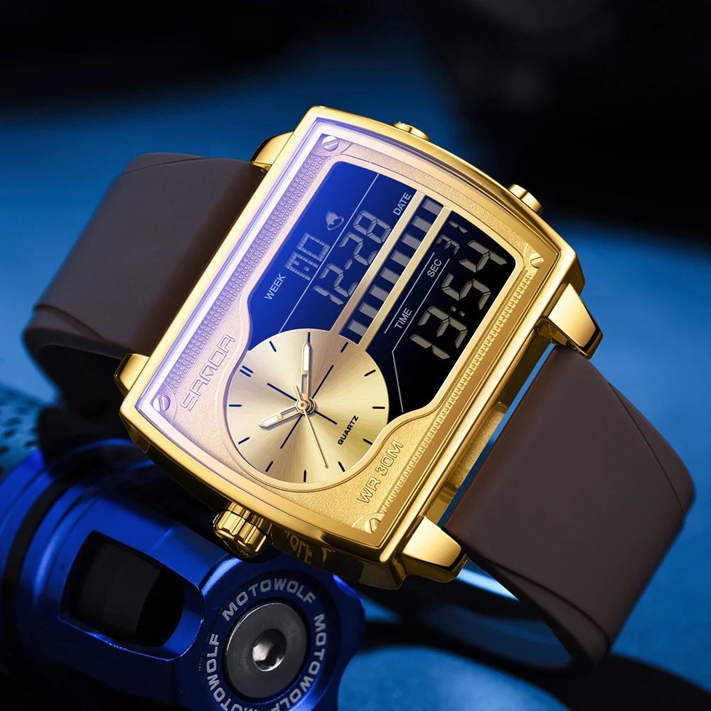Sanda Brand Luxury Men's Quartz Digital Watches Fashion Square Wristwatch Men Countdown Sports Waterproof Double Display Watch, Alina Gadgets