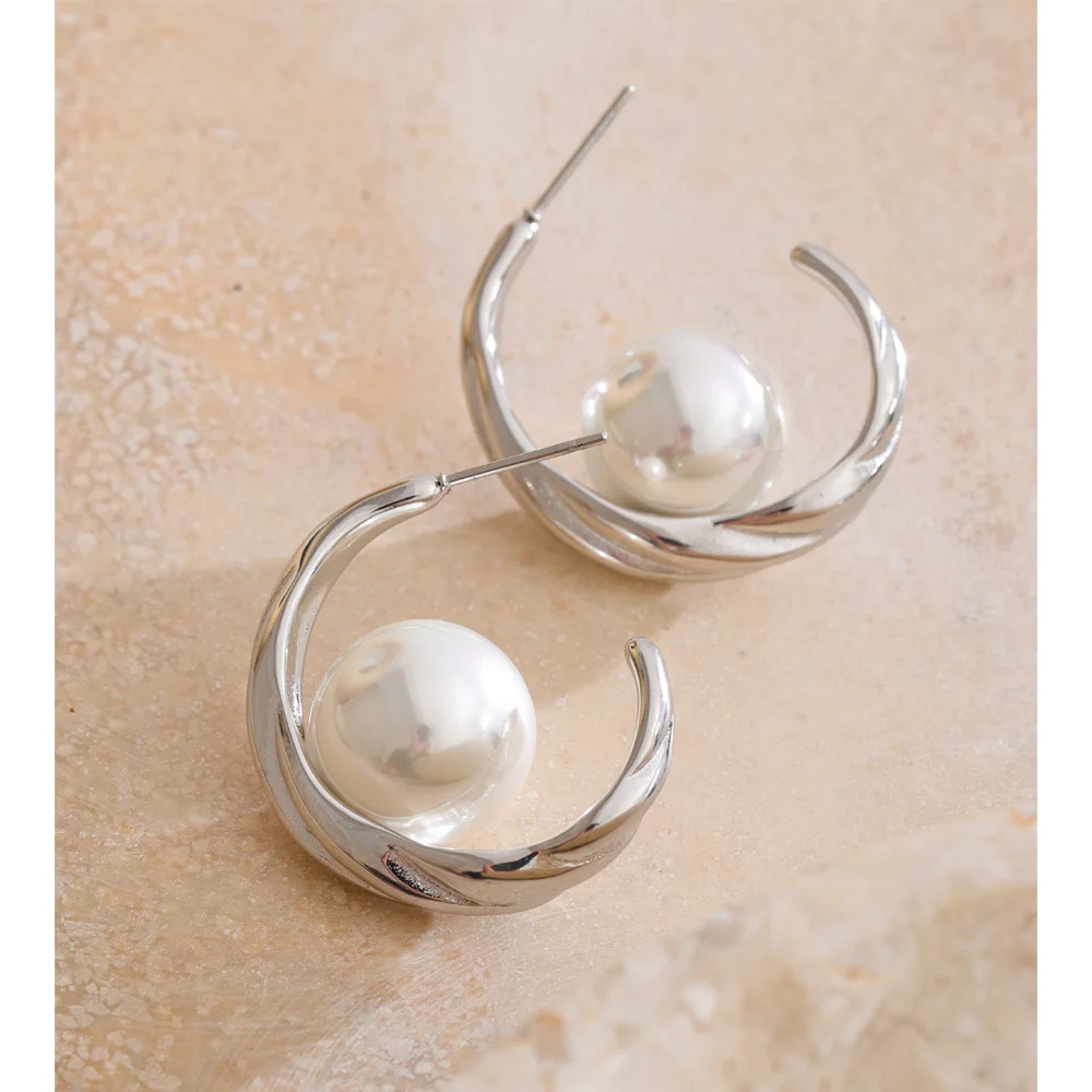 Yhpup 2026 Stainless Steel Imitation Pearls C Shape Huggie Earrings