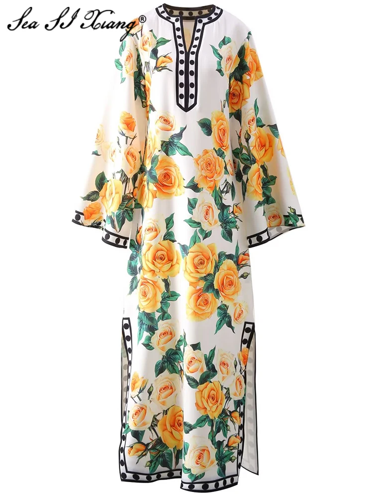 

Seasixiang Fashion Designer Summer Maxi Dress Women's O-Neck Flare Sleeve Rose Floral Print Bohemian Loose Long Dresses