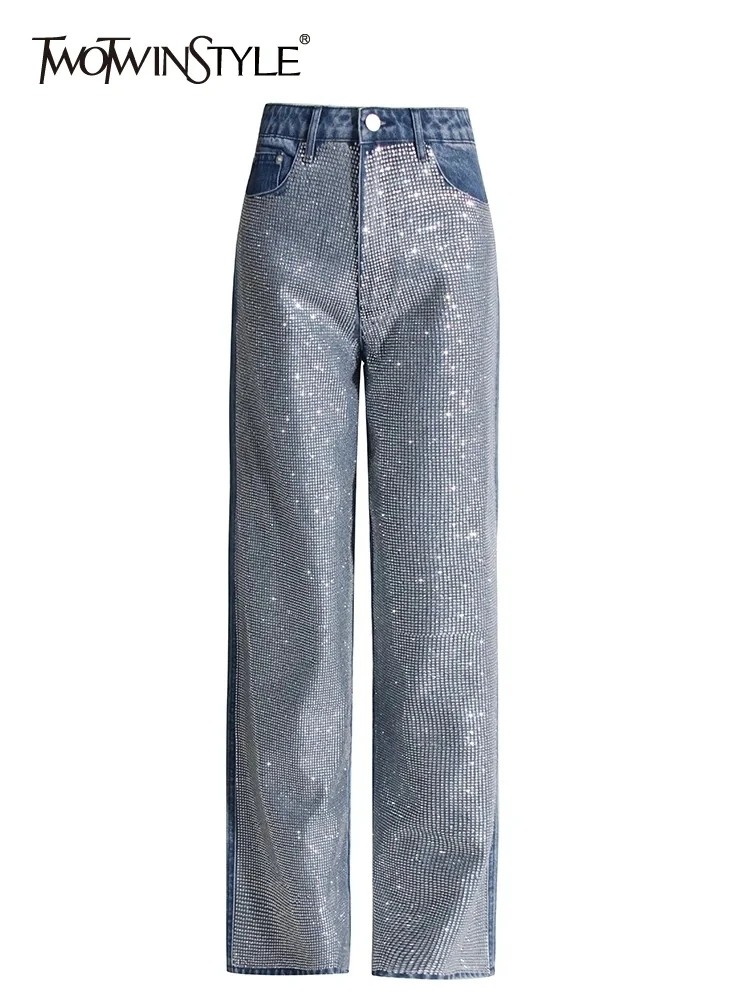 

TWOTWINSTYLE Spliced Diamonds Casual Denim Pants For Women High Waist Patchwork Button Chic Wide Leg Jeans Female Fashion Style