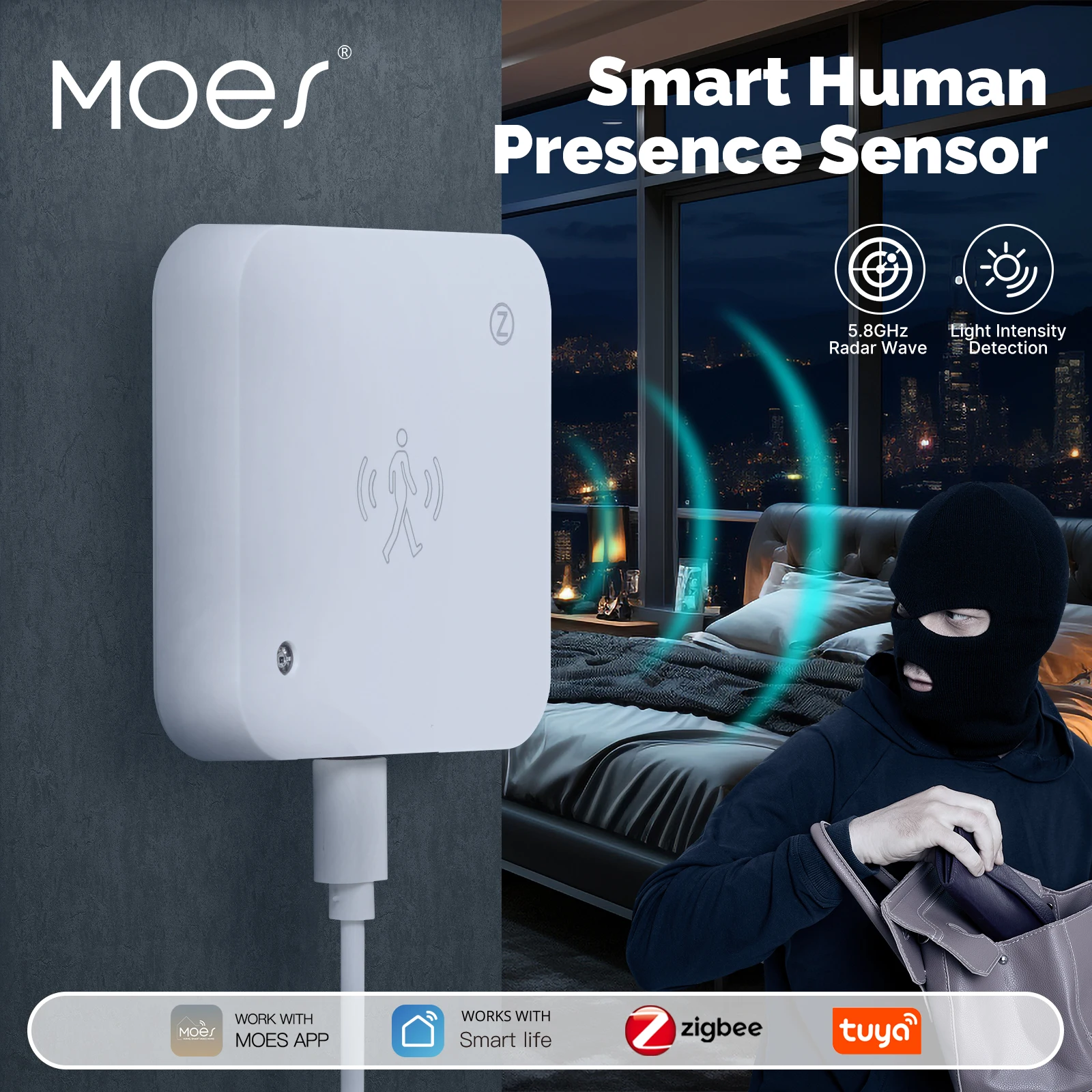 MOES Tuya ZigBee Smart Human Presence Sensor Motion Motionless Detection Light Luminance Sensor Wired Design App Notification human presence sensor