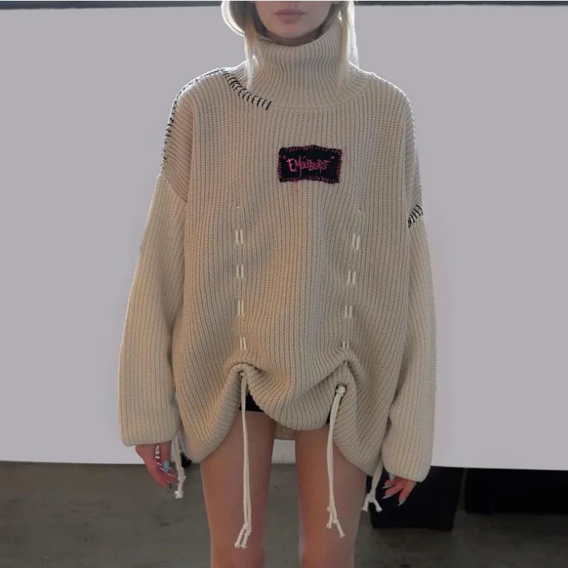 

Knitted Women Baggy Sweater Letter Patchwork Harajuku Jumpers 2023 Fall Winter Y2K Streetwear Drawstring Turtleneck Sweaters