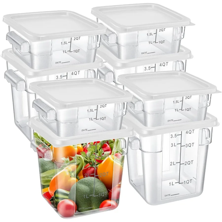 8 Pcs Food Storage Container with Lids Set 2qt and 4qt Square Clear Commercial Containers with Scales Handles for Home Restauran